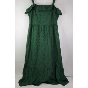 LOFT Women’s Emerald Green Size 10 Eyelet Ruffle Square Neck Midi Dress NWT